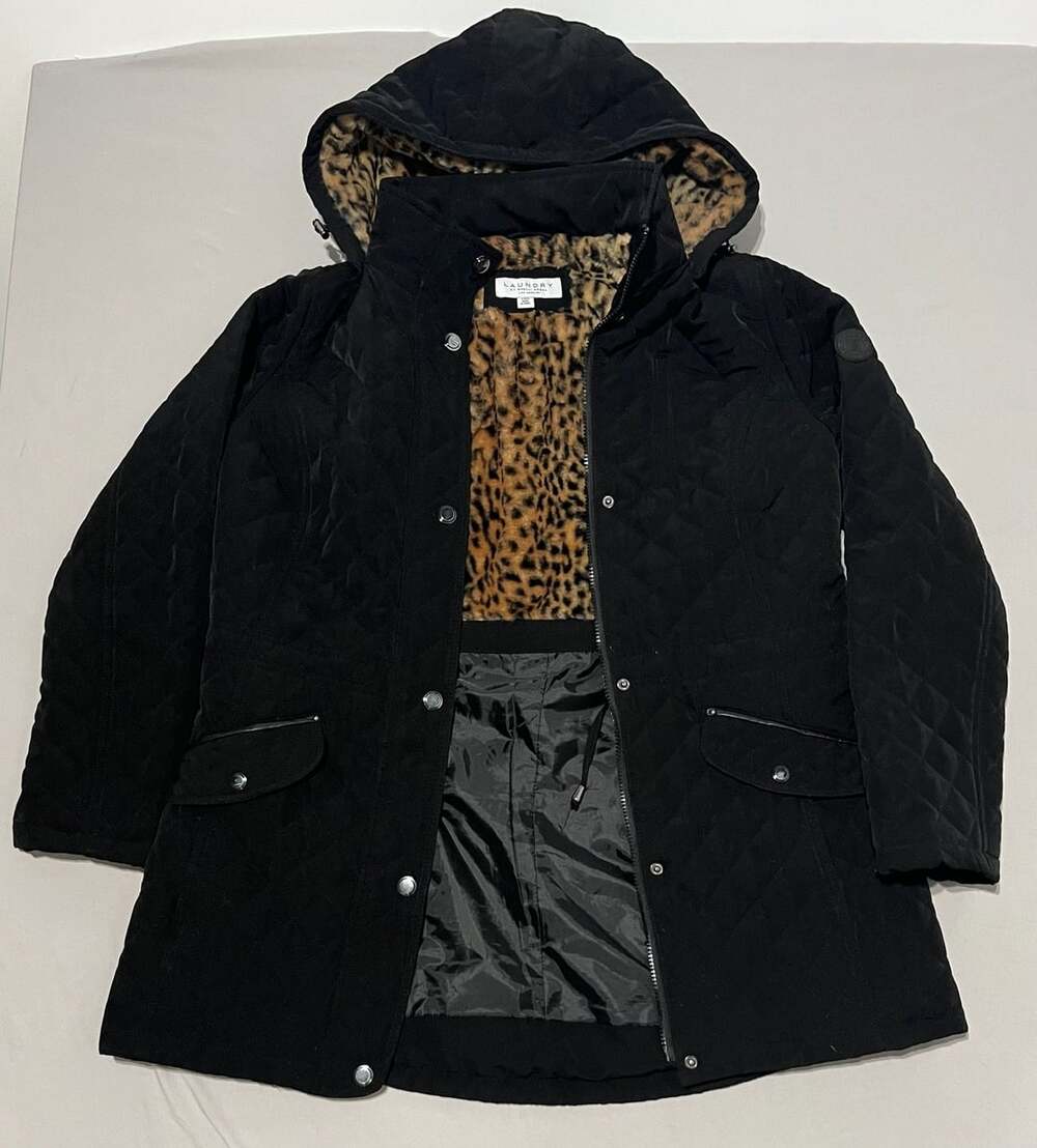 Laundry by Shelli Segal Quilted Hooded Coat Size L Black Faux Fur Lined